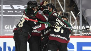 GLENDALE, ARIZONA – MARCH 26: Nick Schmaltz #8 of the Arizona Coyotes is smothered by Oliver Ekman-Larsson #23, Ilya Lyubushkin #46 and Drake Caggiula #91 of the Coyotes after scoring a goal against the San Jose Sharks during the second period of the NHL hockey game at Gila River Arena on March 26, 2021 in Glendale, Arizona. (Photo by Norm Hall/NHLI via Getty Images)
