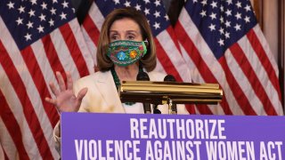 WASHINGTON, DC - MARCH 17: Speaker of the House Nancy Pelosi (D-CA) speaks during a news conference about the renewal of the Violence Against Women Act in the Rayburn Room at the U.S. Capitol on March 17, 2021 in Washington, DC. The House of Representatives is set to vote on reauthorizing the act.