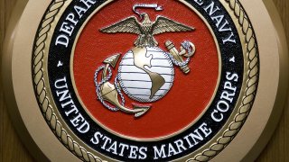 The US Department of the Navy, US Marine Corps, logo hangs on the wall February 24, 2009, at the Pentagon in Washington, DC.