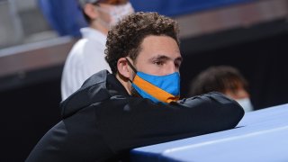 Klay Thompson of the Golden State Warriors looks on during a game.