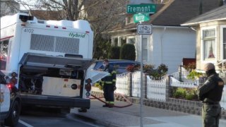 A VTA bus at rest after being stolen in Santa Clara.