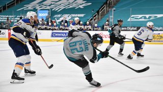 The Sharks’ Kevin Labanc shoots against the St. Louis Blues at SAP Center on March 20, 2021 in San Jose, California. (Photo by Brandon Magnus/NHLI via Getty Images)