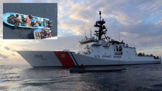 The Coast Guard Cutter Munro intercepts a low-profile vessel in the Eastern Pacific Ocean on Jan. 27 and a crew seizes drugs from another vessel (inset) on Feb. 6. (March 23, 2021)