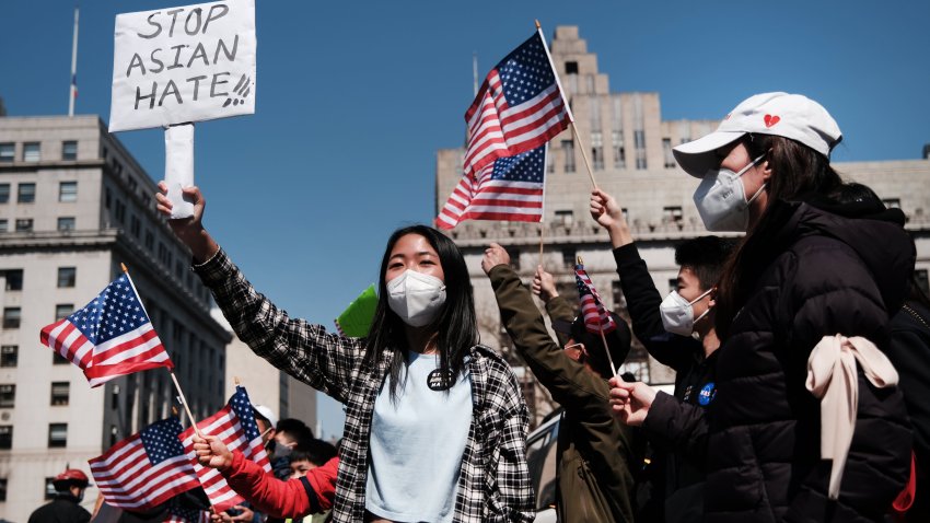 People participate in a protest to demand an end to anti-Asian violence on April 04, 2021 in New York City.