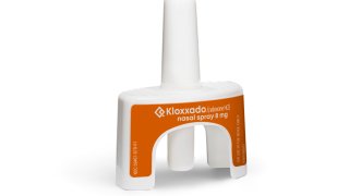 This photo provided by Hikma Pharmaceuticals shows Kloxxado. U.S. regulators on Friday, April 30, 2021 approved the first high-dose nasal spray for reversing opioid overdoses. The Food and Drug Administration approved Hikma Pharmaceuticals’ Kloxxado, a spray containing 8 milligrams of naloxone — double the highest dose currently available.
