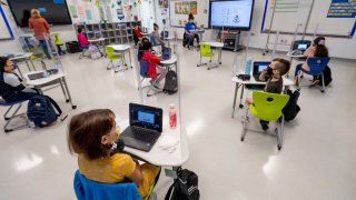 ANAHEIM, CA – APRIL 12: Students work on laptops at Sunkist Elementary School in Anaheim, CA on Monday, April 12, 2021. Students in the Anaheim Elementary School District moved from online-only instruction to a hybrid model on Monday. (Photo by Paul Bersebach/Orange County Register via Getty Images)