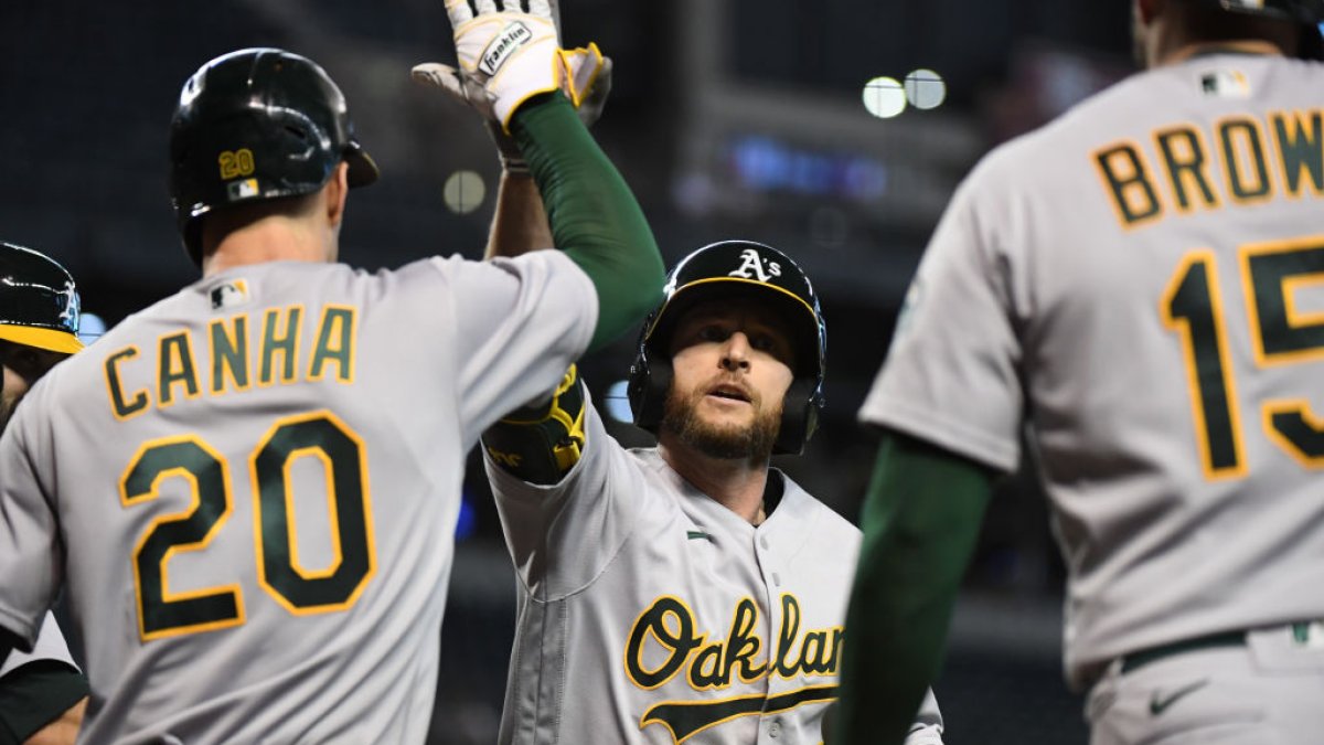 Oakland A's Matt Olson sports new mustache, hits 2 homers