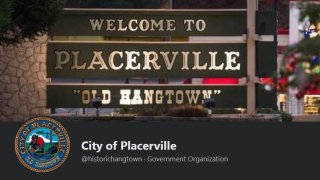 This screenshot from the City of Placerville's Facebook page shows the town's logo that includes a noose.