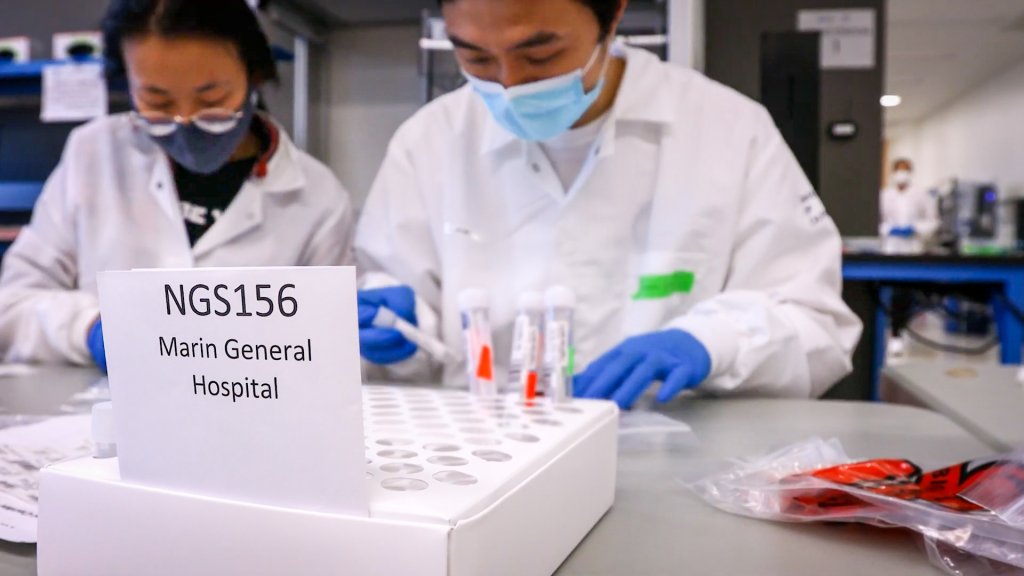 Lab workers sort through vials of samples