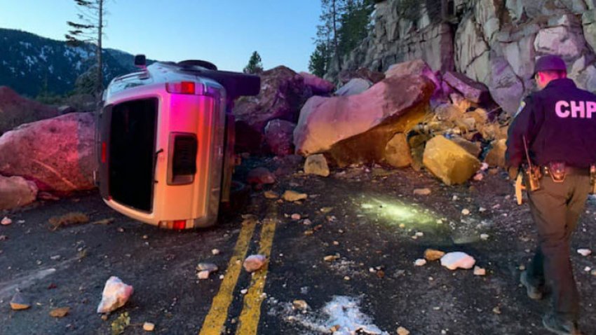 A rockslide blocks Highway 50 near Lake Tahoe. (April 9, 2021)