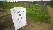 A sign at 125-year old Larkmead Winery announces a research plot where grape varietals from dryer climates are being grown and tested.