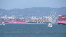 Container ships are lined up on San Francisco Bay waiting to enter the Port of Oakland. (April 10, 2021)