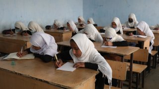 Afghan girls students attend school classes in a primary school in Kabul,