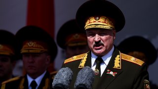 In this May 9, 2020, file photo, Belarusian President Alexander Lukashenko gives a speech during a military parade that marked the 75th anniversary of the allied victory over Nazi Germany, in Minsk, Belarus. When Lukashenko became president in 1994, Belarus was an obscure country that had not even existed for three years. Over the next quarter-century, he brought it to the world's notice via dramatic repression, erratic behavior and colorful threats.