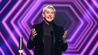 SANTA MONICA, CALIFORNIA - NOVEMBER 15: 2020 E! PEOPLE'S CHOICE AWARDS -- In this image released on November 15, Ellen DeGeneres accepts the award for The Daytime Talk Show of 2020 onstage for the 2020 E! People's Choice Awards held at the Barker Hangar in Santa Monica, California and on broadcast on Sunday, November 15, 2020.