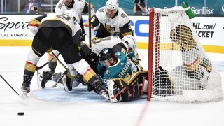 SAN JOSE, CA – MAY 12: Alexander Barabanov #94 of the San Jose Sharks crashes the net against Marc-Andre Fleury #29 of the Vegas Golden Knights at SAP Center on May 12, 2021 in San Jose, California. (Photo by Brandon Magnus/NHLI via Getty Images)