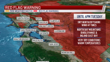 The red flag warning already in place for parts of the Bay Area has been extended until Tuesday afternoon, the National Weather Service confirmed.