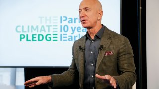 Amazon CEO Jeff Bezos announces the co-founding of The Climate Pledge at the National Press Club on September 19, 2019, in Washington.