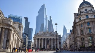 View of the Royal Exchange and Bank of England in London.