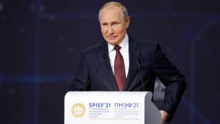 Russian President Vladimir Putin gives a speech during a plenary session of the St. Petersburg International Economic Forum (SPIEF) on June 4, 2021.