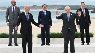 (L-R) President of the European Council Charles Michel, U.S. President Joe Biden, Japanese Prime Minister Yoshihide Suga, British Prime Minister Boris Johnson and Italian Prime Minister Mario Draghi pose for the Leaders official welcome and family photo during the G7 Summit In Carbis Bay, on June 11, 2021 in Carbis Bay, Cornwall.