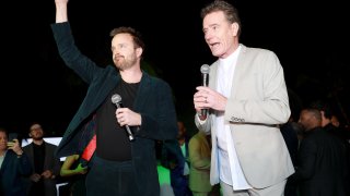 Aaron Paul and Bryan Cranston attend 2020 Big Game Big Give at Star Island on February 01, 2020 in Miami, Florida.