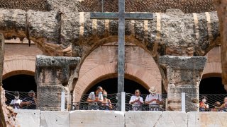 Visitors admire the newly restored lower level of the Colosseum