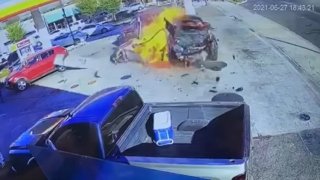 A car crashes into a pump at a gas station in Ceres, Calif.