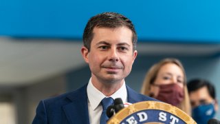 Secretary of Transportation Pete Buttigieg speaks at press conference with Senator Charles Schumer to green light Gateway Tunnel Project at Amtrak Concourse of Penn Station.