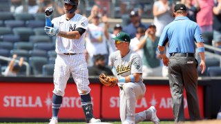 Gary Sanchez #24 of the New York Yankees reacts after hitting a two-run double in the sixth inning against the Oakland Athletics at Yankee Stadium on June 20, 2021 in New York City.