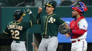 ARLINGTON, TEXAS – JUNE 22: Ramon Laureano #22 of the Oakland Athletics and Matt Olson #28 celebrate after a home run by Laureano in the second inning against the Texas Rangers at Globe Life Field on June 22, 2021 in Arlington, Texas. (Photo by Richard Rodriguez/Getty Images)