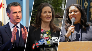 California Gov. Gavin Newsom (left), Oakland Mayor Libby Schaaf (middle), San Francisco Mayor London Breed (right)