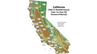 Map of California rainfall totals for 2020-21 season.