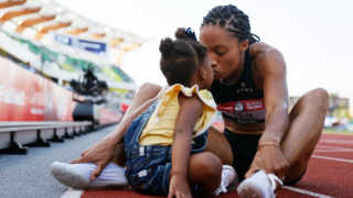 Allyson Felix celebrates with her daughter Camryn after finishing second in the Women's 400 Meters Final on day three of the 2020 U.S. Olympic Track & Field Team Trials at Hayward Field on June 20, 2021 in Eugene, Oregon.
