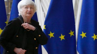 Janet Yellen, U.S. Treasury secretary, arrives at a Eurogroup meeting of European Union (EU) finance ministers in Brussels, Belgium.