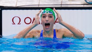 South Africa's Tatjana Schoenmaker reacts after winning the final of the women's 200m breaststroke to set a new world record during the Tokyo Olympic Games.