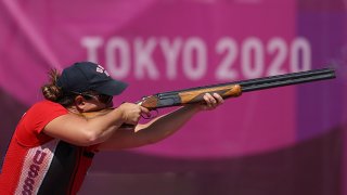 Amber English won America’s second-ever gold medal in the women’s skeet shooting event on Monday.