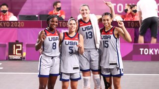 Jackie Young, Stefanie Dolson, Allisha Gray and Kelsey Plum #5 of the USA Women's National 3x3 Team celebrated winning the game against Russian Olympic Committee 3x3 Team during the 2020 Tokyo Olympics