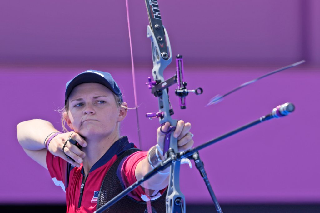 United States' Mackenzie Brown releases the arrow during the mixed team competition against Indonesia at the 2020 Summer Olympics, Saturday, July 24, 2021, in Tokyo, Japan.
