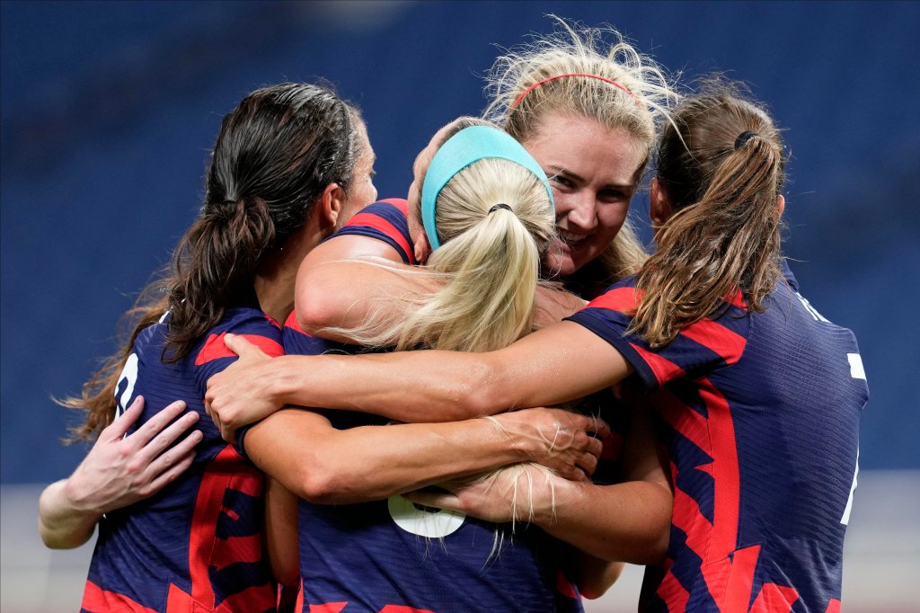 United States' Lindsey Horan, second from right, celebrates after scoring a goal during a women's soccer match against New Zealand at the 2020 Summer Olympics, Saturday, July 24, 2021, in Saitama, Japan.