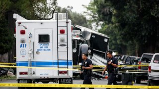 Los Angeles Police Department and federal ATF investigators at the scene to determine what caused a huge explosion that injured 17 people, including 10 law-enforcement officers, after police attempted to safely detonate illegal fireworks that were seized at a house on 700 block of East 27th. Street on Thursday, July 1, 2021 in Los Angeles, CA.