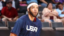 JaVale McGee #11 of the USA Men's National Team warms up prior to the game against the Spain Men's National Team on July 18, 2021, at Michelob ULTRA Arena in Las Vegas, Nevada.