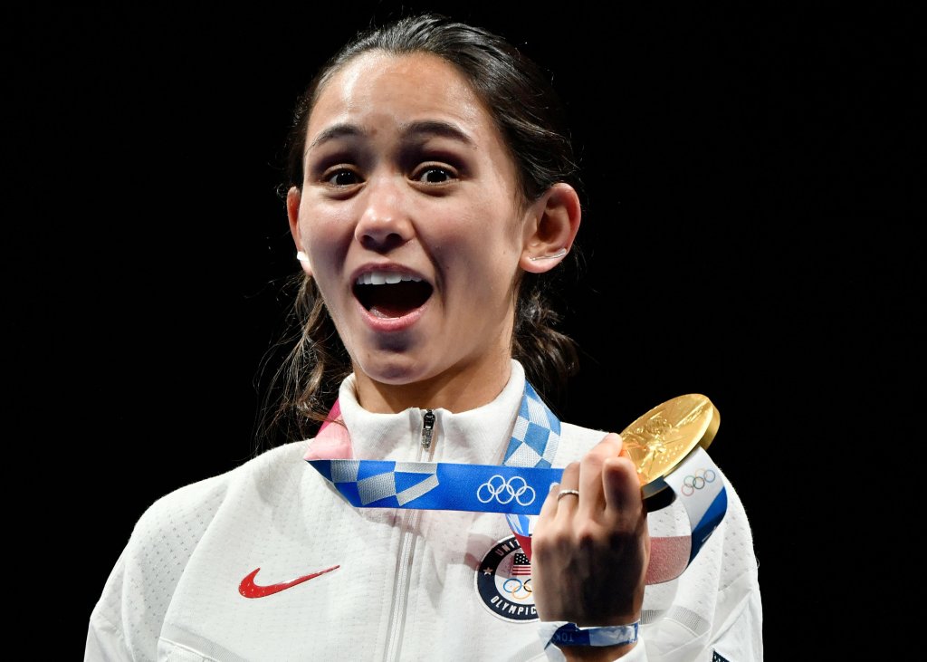 Gold medallist USA's Lee Kiefer observe  connected  podium during the medal ceremonial  for the women's foil idiosyncratic  during the Tokyo 2020 Olympic Games astatine  the Makuhari Messe Hall successful  Chiba City, Chiba Prefecture, Japan, connected  July 25, 2021.