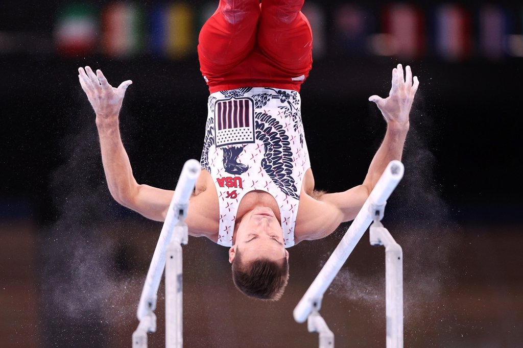Samuel Mikulak of Team USA competes on parallel bars during Men's Qualification on day one of the Tokyo 2020 Olympic Games at Ariake Gymnastics Centre on July 24, 2021 in Tokyo, Japan.