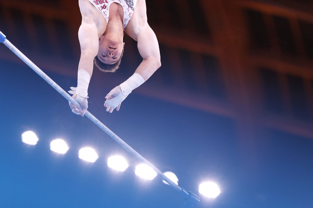 Brody Malone of Team USA competes on the horizontal bar during Men's Qualification on day one of the Tokyo 2020 Olympic Games at Ariake Gymnastics Centre on July 24, 2021 in Tokyo, Japan.