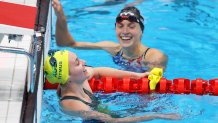 Ariarne Titmus of Team Australia and Katie Ledecky of Team United States react after competing in the Women's 400m Freestyle Final on day three of the Tokyo 2020 Olympic Games at Tokyo Aquatics Centre on July 26, 2021, in Tokyo, Japan.