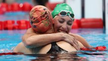 Tatjana Schoenmaker of Team South Africa celebrates after she broke the Olympic record in the Women's 200m Breaststroke at Tokyo Aquatics Centre on July 28, 2021 in Tokyo, Japan.