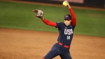 United States pitcher Monica Abbott (14) pitches during an exhibition softball game.