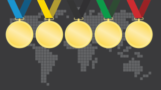 Photo illustration of gold medals over an 8-bit world map