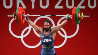 Harrison Maurus of Team USA completes a lift at the Tokyo Olympics